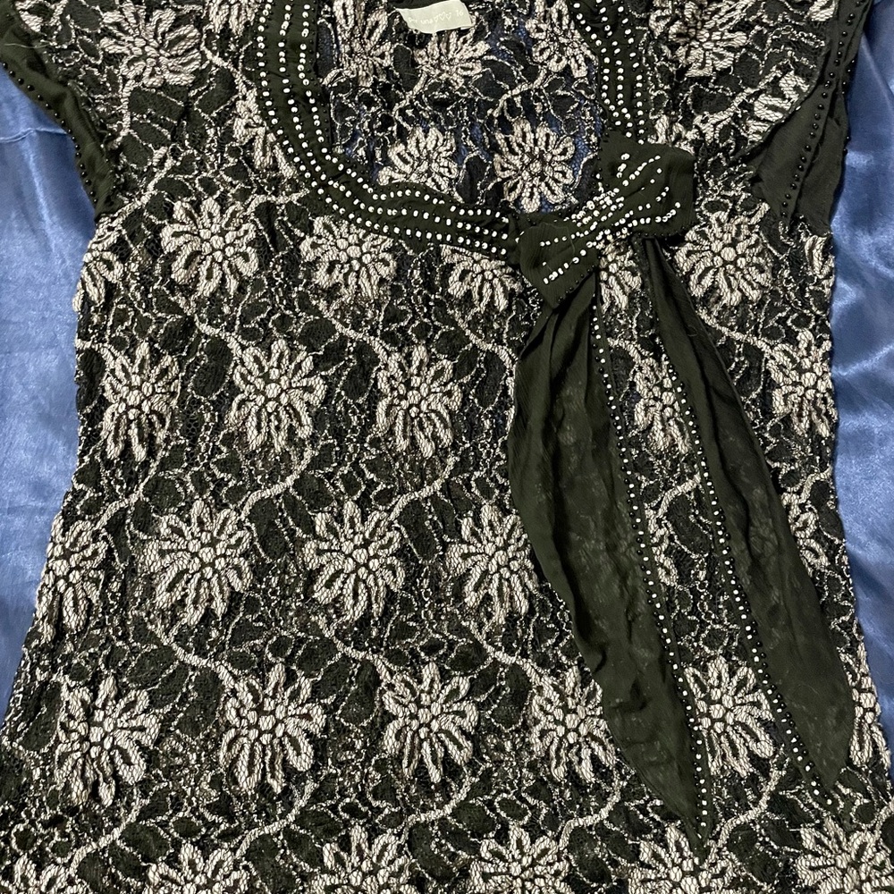 Marks & Spencer Gorgeous black net top with pearls outline & bow